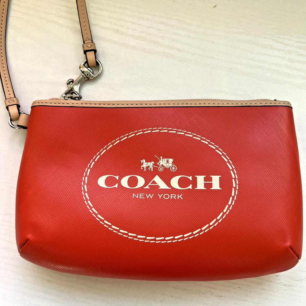 Coach Red Saffiano Leather Wristlet Pouch Zip Top Strap Small Bag